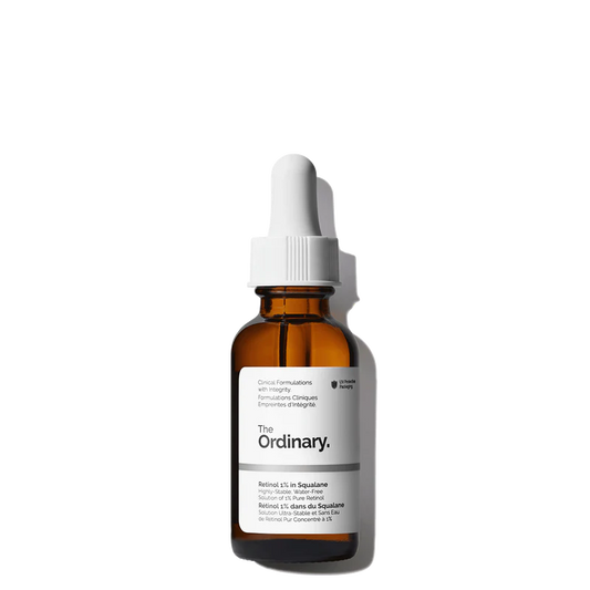 The Ordinary Retinol 1% in Squalane 30ml amber bottle with a dropper, containing a clear, water-free anti-aging solution.