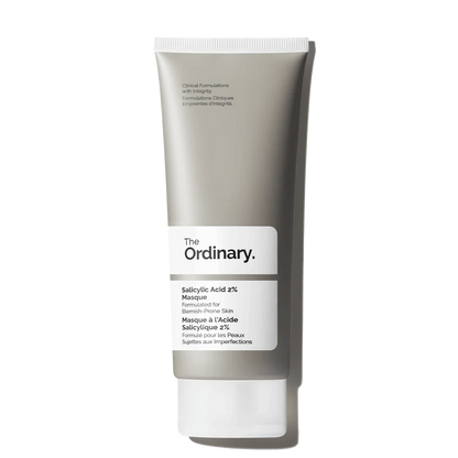 The Ordinary Salicylic Acid 2% Masque in a 50ml black and white tube, featuring a deep-cleansing charcoal and clay formula.