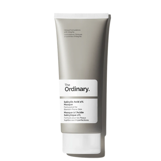 The Ordinary Salicylic Acid 2% Masque in a 50ml black and white tube, featuring a deep-cleansing charcoal and clay formula.