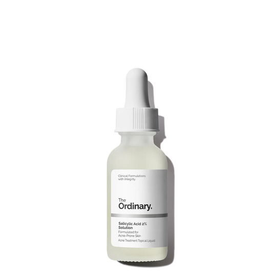 The Ordinary Salicylic Acid 2% Solution 30ml bottle with a dropper, featuring a clear, water-based BHA serum for acne-prone skin.