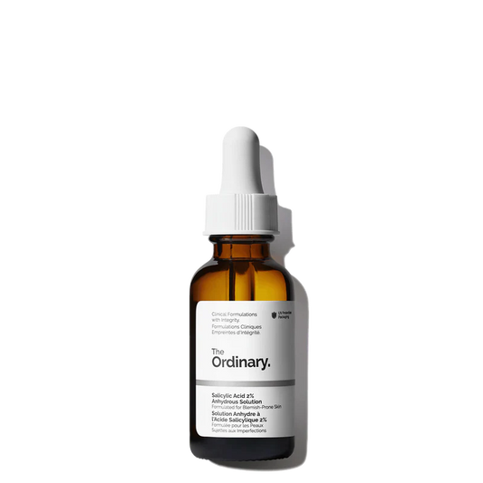 The Ordinary Salicylic Acid 2% Anhydrous Solution 30ml amber glass bottle with a dropper, designed to protect the oil-like formula from light.