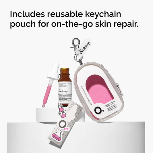 The Ordinary Soothing & Barrier Support Serum 15ml bottle tucked into its minimalist white keychain pouch, accompanied by a sheet of custom stickers.
