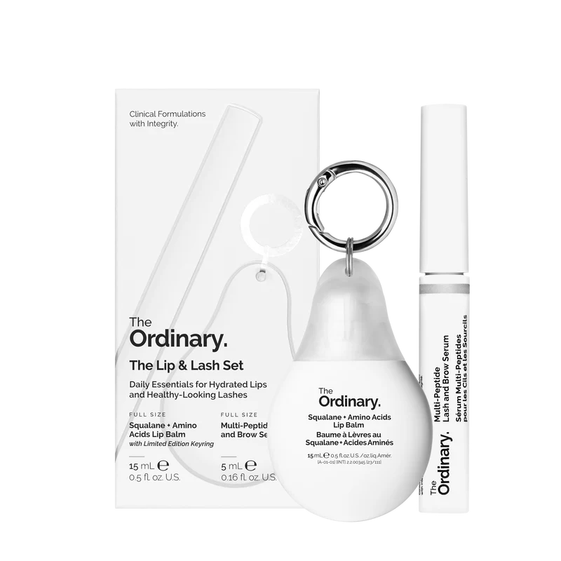 The Ordinary Lip & Lash Set packaging featuring the full-size Multi-Peptide Lash & Brow Serum, Squalane + Amino Acids Lip Balm, and the limited-edition bonus keychain.
