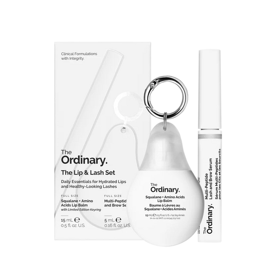 The Ordinary Lip & Lash Set packaging featuring the full-size Multi-Peptide Lash & Brow Serum, Squalane + Amino Acids Lip Balm, and the limited-edition bonus keychain.