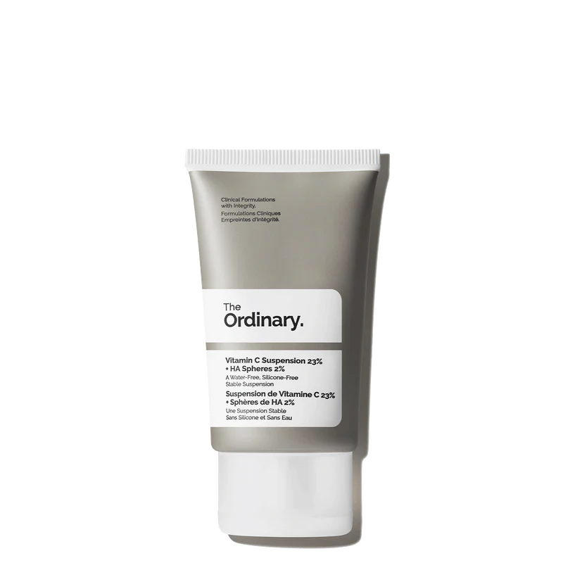The Ordinary Vitamin C Suspension 23% + HA Spheres 2% 30ml tube, a high-strength brightening treatment for targeting uneven skin tone and dullness.