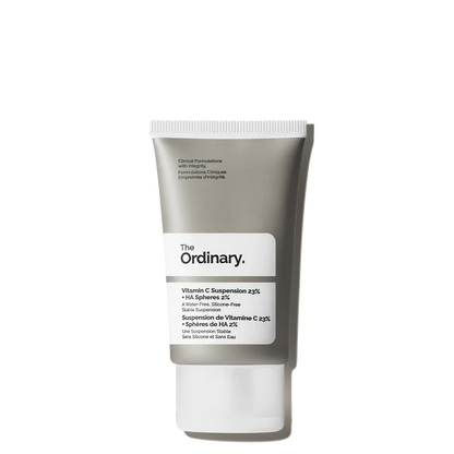 The Ordinary Vitamin C Suspension 23% + HA Spheres 2% 30ml tube, a high-strength brightening treatment for targeting uneven skin tone and dullness.