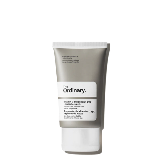 The Ordinary Vitamin C Suspension 23% + HA Spheres 2% 30ml tube, a high-strength brightening treatment for targeting uneven skin tone and dullness.